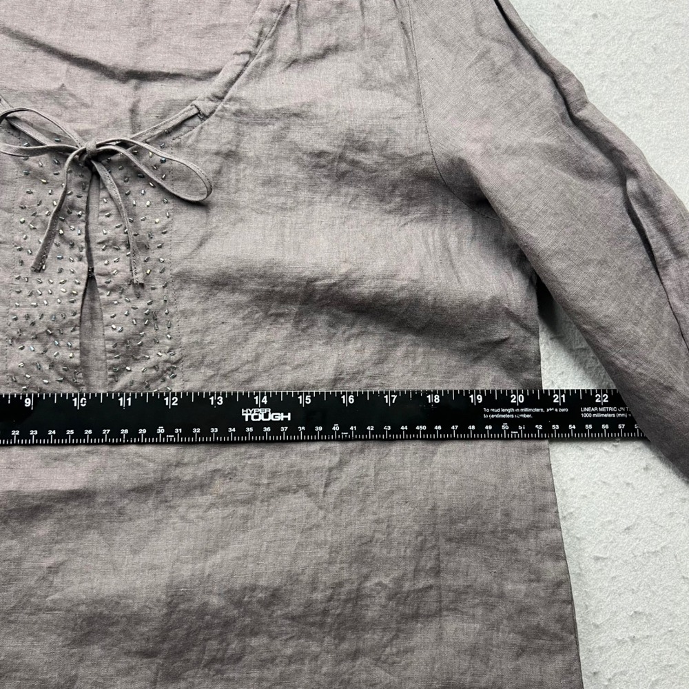 Eileen Fisher Womens Gray 100% Irish Linen Beaded Tie Neck Blouse Top Size M - Picture 3 of 8